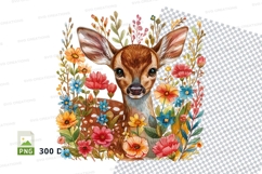 Cute fawn deer clipart in floral wreath watercolor png Product Image 1