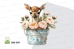 Cute deer fawn clipart in tin bucket with pink roses floral Product Image 1