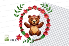 Cute brown teddy bear clipart in floral wreath png Product Image 1
