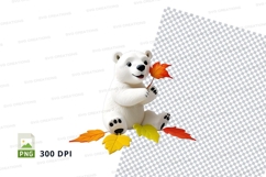 Cute white polar bear clipart holding autumn leaves 300 DPI Product Image 1