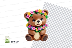 Cute brown teddy bear clipart with floral crown PNG Product Image 1
