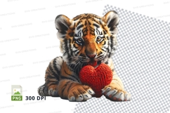 Cute baby tiger cub holding red heart clipart PNG Product Image 1