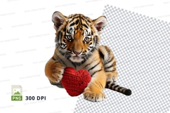Cute baby tiger cub holding red heart clipart PNG Product Image 1