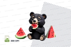 Cute black bear eating watermelon clipart png illustration Product Image 1