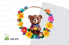 Cute teddy bear clipart with floral wreath png Product Image 1