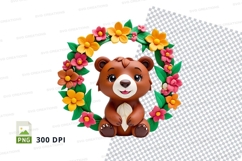Cute brown teddy bear floral wreath clipart PNG Product Image 1