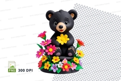 Cute black teddy bear with colorful flowers clipart PNG Product Image 1