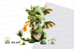 Cute green dragon plush toy holding flower clipart PNG Product Image 1