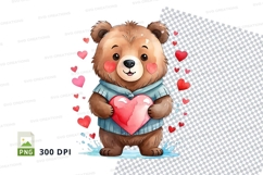 Cute brown teddy bear holding heart with floating love heart Product Image 1