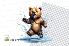 Cartoon brown bear splashing joyfully in water clipart PNG Product Image 1