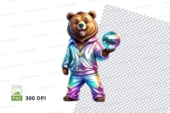 Cartoon bear DJ holding disco ball in neon party outfit Product Image 1