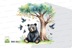 Cute bear under tree with birds clipart png illustration Product Image 1