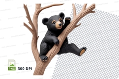 Cute black bear cub climbing tree branch clipart png Product Image 1