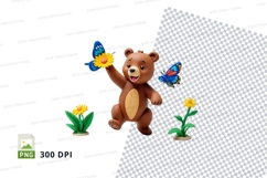 Cute brown teddy bear holding butterflies in spring garden c Product Image 1