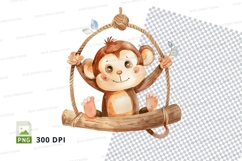Cute monkey hanging on wooden swing clipart illustration Product Image 1
