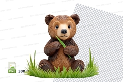 Cute brown bear cub eating green leaf clipart png Product Image 1