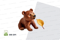 Cute brown bear holding yellow leaf clipart PNG Product Image 1