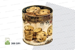 Vintage cookie tin with chocolate chip cookies clipart png Product Image 1