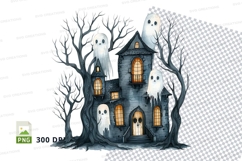 Haunted house clipart with flying ghosts spooky Halloween sc Product Image 1