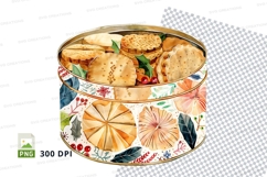 Colorful cookie tin with floral pattern and gingham cloth Product Image 1
