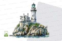 Lighthouse on rocky island clipart png vector illustration Product Image 1