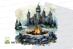 Fantasy castle clipart with campfire in winter forest scene Product Image 1