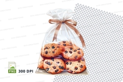 Fresh chocolate chip cookies in tied cloth bag clipart png Product Image 1