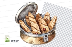 Fresh baked biscotti cookies in metal tin clipart png Product Image 1