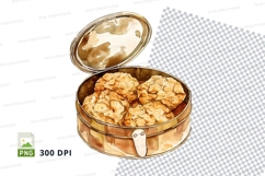 Golden baked cookies in vintage tin container clipart png Product Image 1
