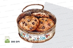 Fresh chocolate chip cookies in decorative tin can clipart P Product Image 1
