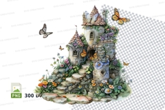 Fairy tale cottage clipart with butterflies and flowers PNG Product Image 1