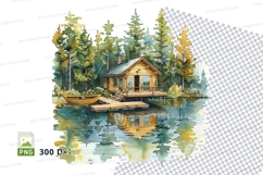 Cozy lakeside wooden cabin reflection autumn nature clipart Product Image 1