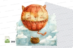 Cute cat hot air balloon clipart flying in sky winter Product Image 1