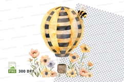 Hot air balloon clipart with bee and flowers in sky Product Image 1
