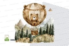 Brown bear in hot air balloon clipart over snowy mountains Product Image 1