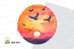 Flock of birds flying at vibrant sunset clipart png Product Image 1