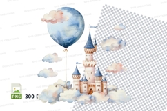 Colorful castle clipart with hot air balloon and clouds PNG Product Image 1