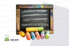 Colorful chalk and crayons on wooden blackboard clipart png Product Image 1