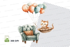 Cute cat on armchair with floating balloons celebration clip Product Image 1