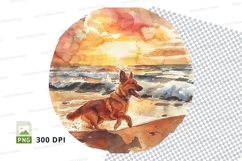 German Shepherd Dog Surfing Sunset Beach Clipart PNG Product Image 1