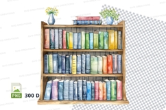 Colorful book collection on wooden shelf clipart PNG Product Image 1