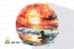 Sunset beach silhouette clipart watercolor ocean waves Product Image 1