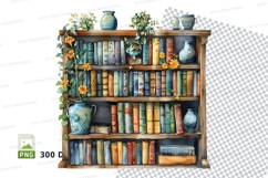 Wooden bookshelf with plants and vintage decor clipart PNG Product Image 1