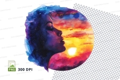 Silhouette woman sunset watercolor art clipart PNG Product Image 1