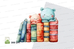 Cute blue teddy bear with colorful books clipart png Product Image 1