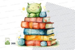 Cute green frog on colorful books stack clipart png Product Image 1