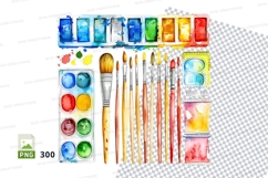 Colorful watercolor paint brushes and palette clipart PNG se Product Image 1