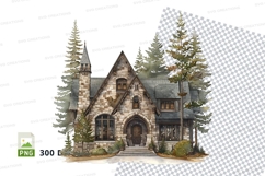 Cozy mountain lodge clipart in snowy forest scene PNG Product Image 1