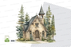 Charming church clipart in snowy forest landscape illustrati Product Image 1