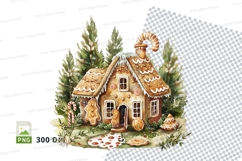 Cozy gingerbread cottage clipart in snowy forest scene Product Image 1